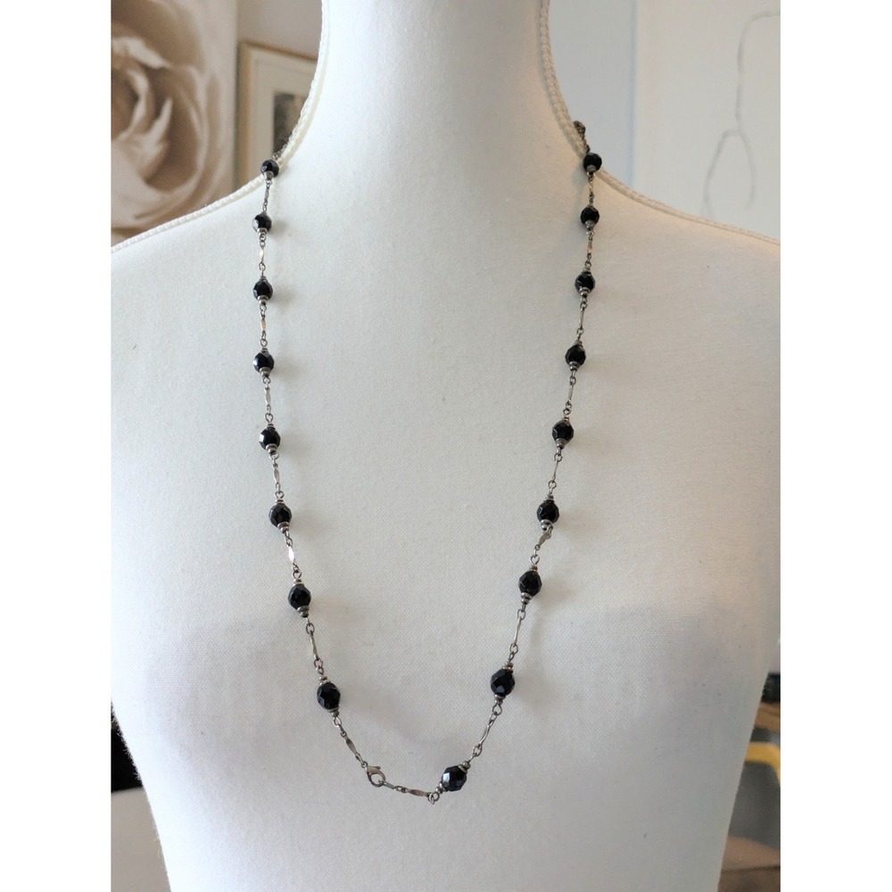 Silver Tone Station Necklace With Black Faceted Spacer Beads Classic Vintage